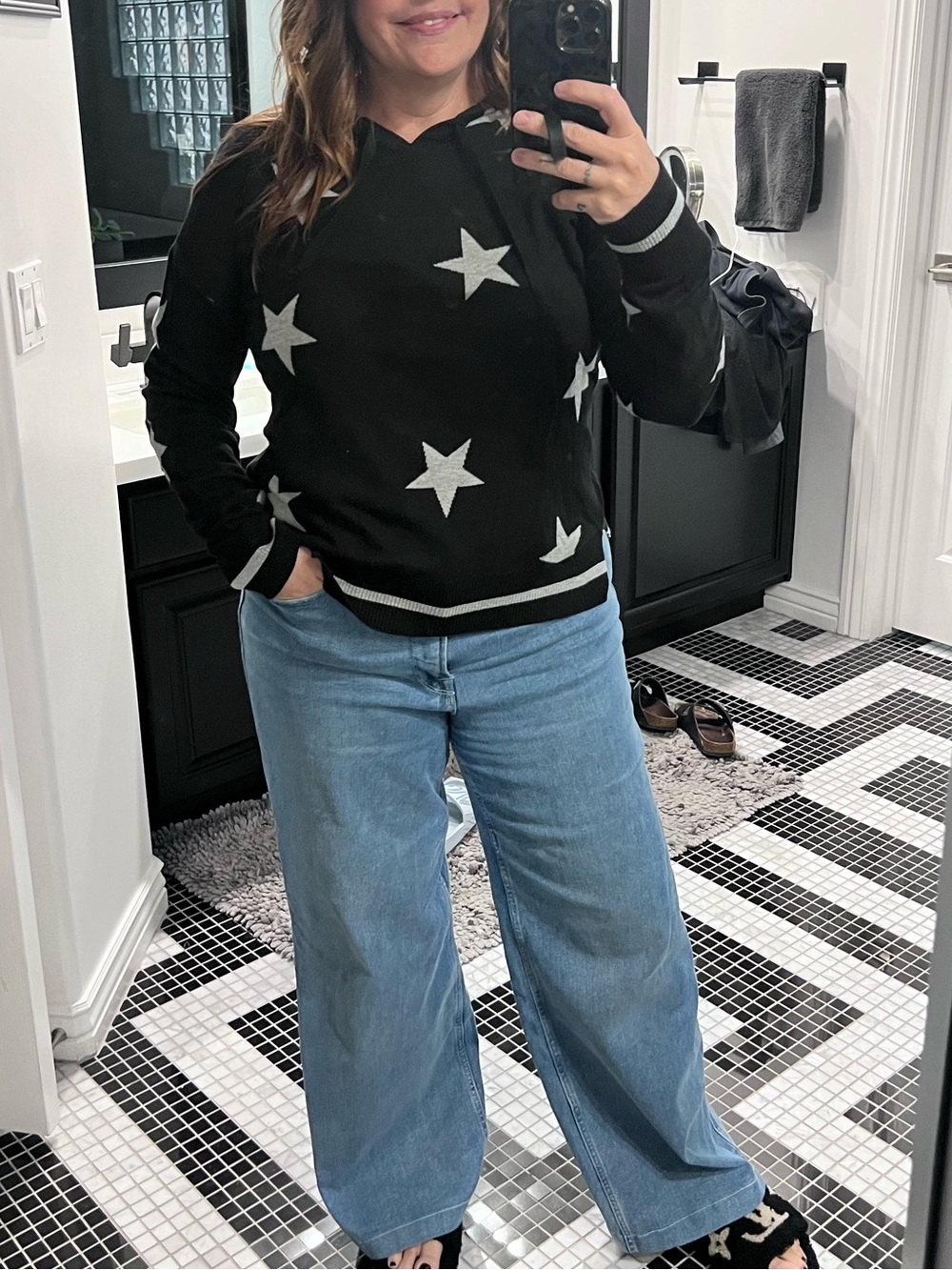 Jamison Black Star Print Hooded Sweater | Evereve | Super Soft Cozy Pullover